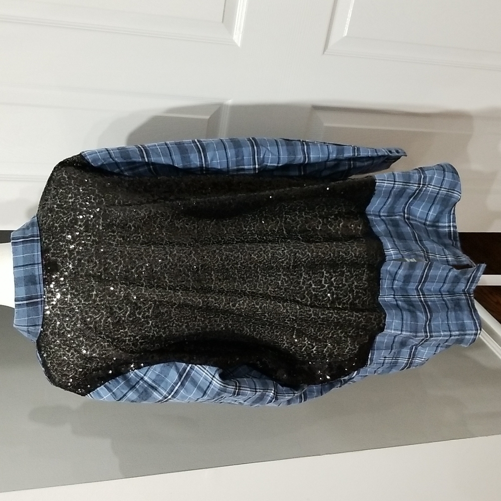 Embossed Sequin Back Checkered Flannel Tunic Shirt - image 5